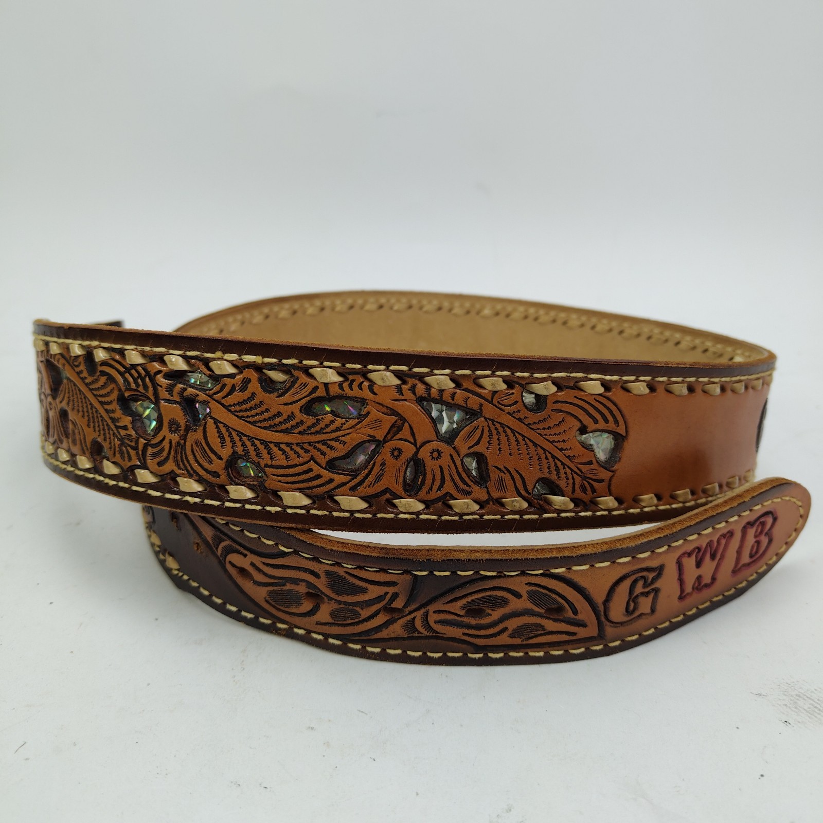 Vintage Tooled Western Leather Name Belt Gary GWB Mother of Pearl Inlay Size 38&Prime;