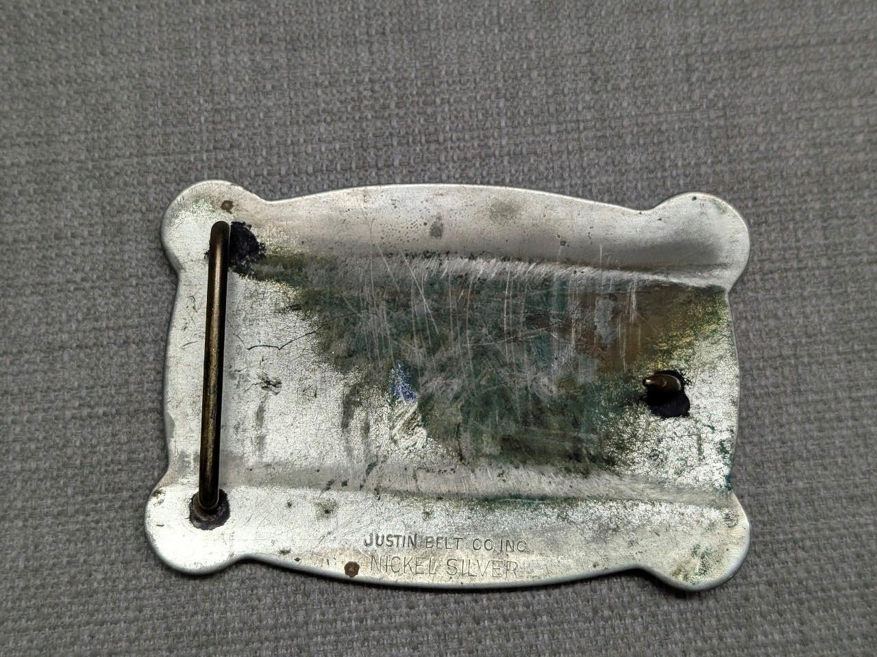vintage JUSTIN belt buckle NICKEL SILVER equestrian SADDLE cowboy WESTERN rodeo