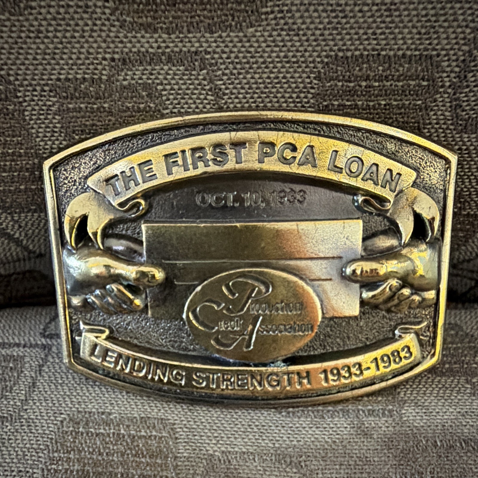 Western Metal Bull Belt Buckle « The First PCA Loan » 1933-1983, 1.5in