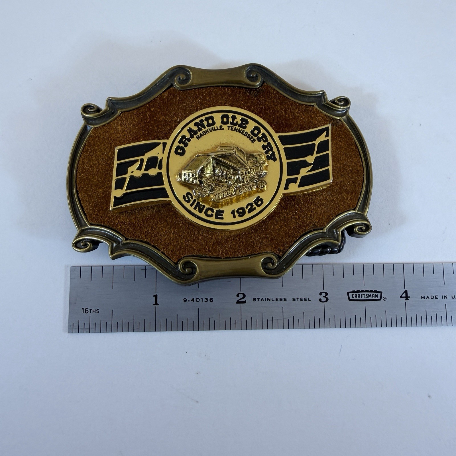 RainTree Grand Ole Opry Metal Brushed Suede Western Belt Buckle 3.75 Inch 1970’s