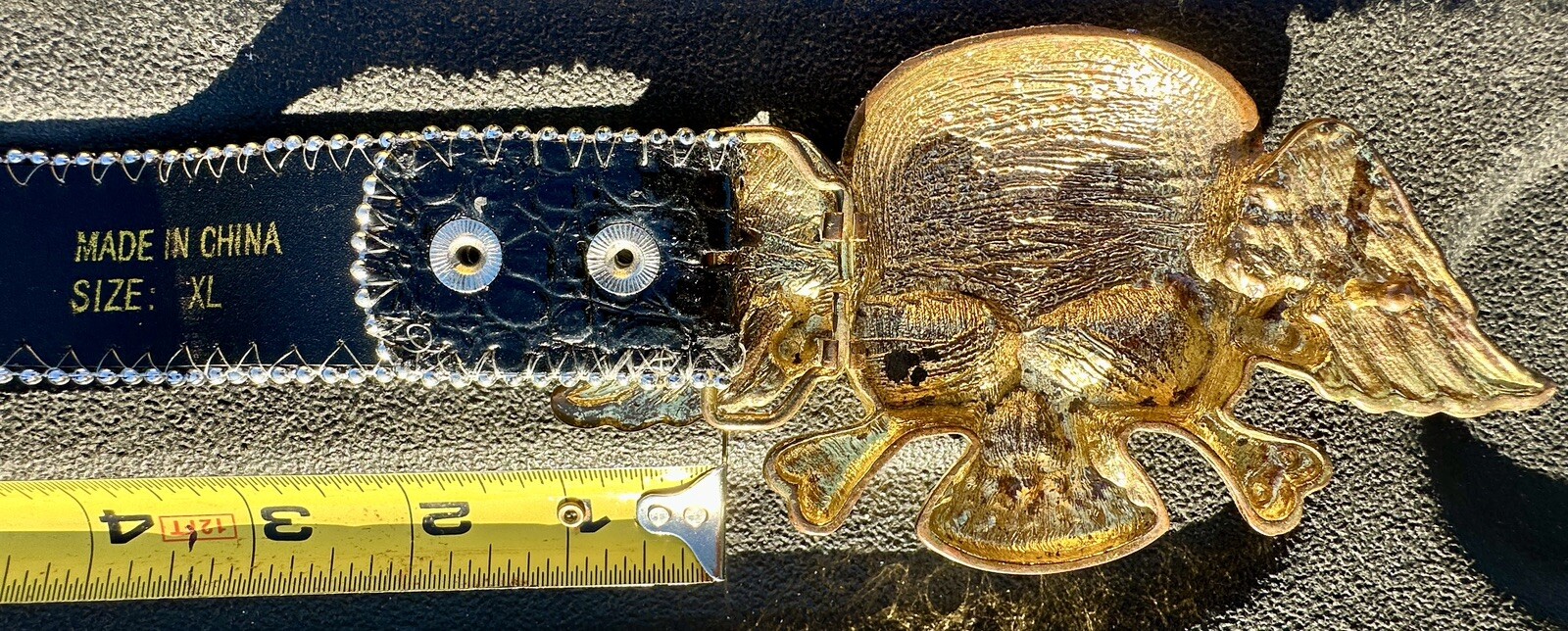 Skull covered in Clear & Blue Rhinestones Belt & Belt Buckle,Missing Some Stones