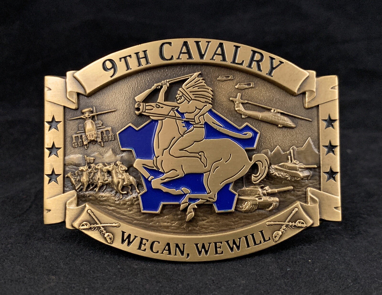 🌟 US Army 9th Cavalry Brass Belt Buckle, We Can We Will Unit Crest DUI Insignia