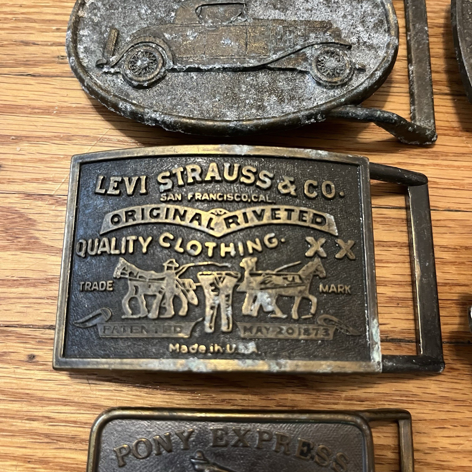 5 Vintage Brass Belt Buckles Levi’s Chevrolet Strohs Semi Trucking Made In USA