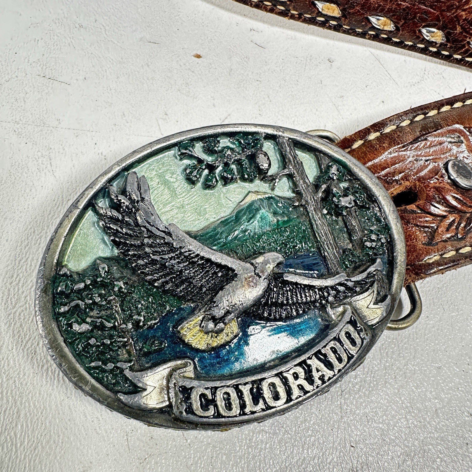 Vintage C & J Inc Colorado Eagle Belt Buckle and Strap 1986 Pewter USA