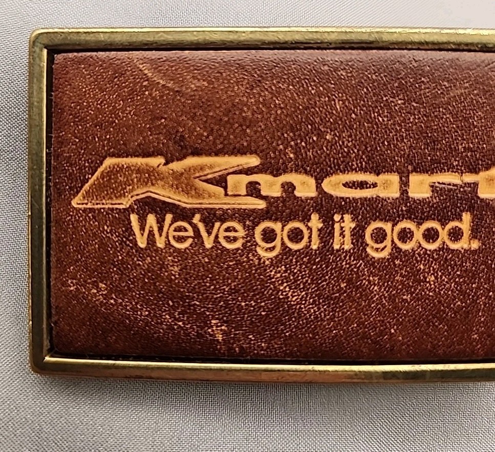 El Cid Kmart Buckle « We&rsquo;ve Got It Good  » Leather & Brass Vtg 2 1/2 X 1 1/2