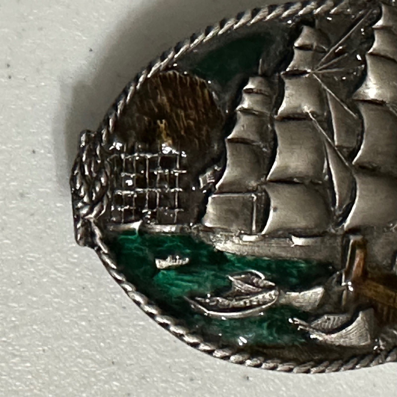 Bergamot Brass Works 1983 3D Sailing Clipper Ship Belt Buckle Enamel VTG Rudyard