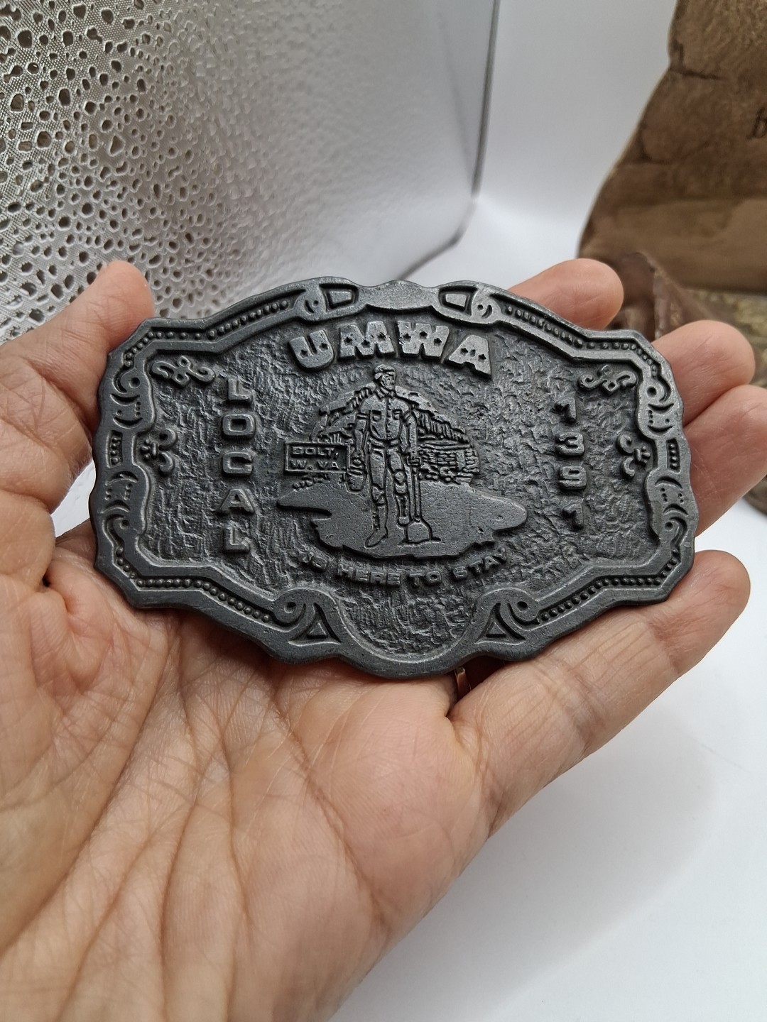 Vtg. Uniq Hit Line USA Local 1931 UMWA Is Here To Stay Belt Buckle.