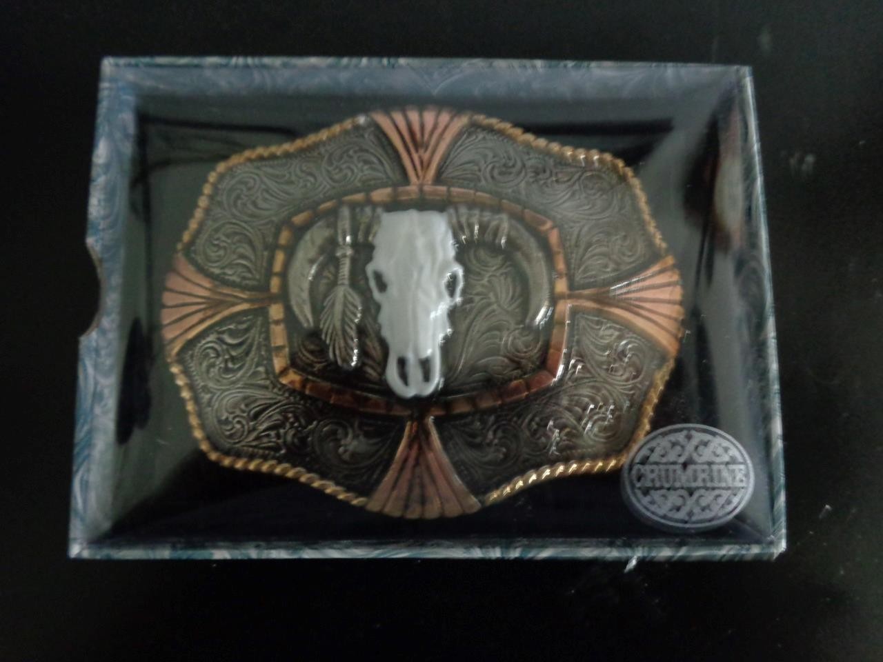 CRUMRINE ROPE EDGE SKULL HEAD BELT BUCKLE IN PACKAGE NEVER WORN COST WAS 75.00