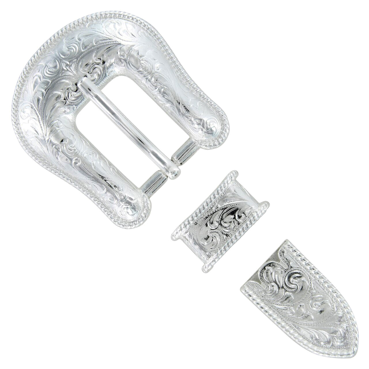 WESTERN BRIGHT SILVER FLORAL ENGRAVED ROPE EDGE BELT BUCKLE SET fits 3/4&Prime; STRAP