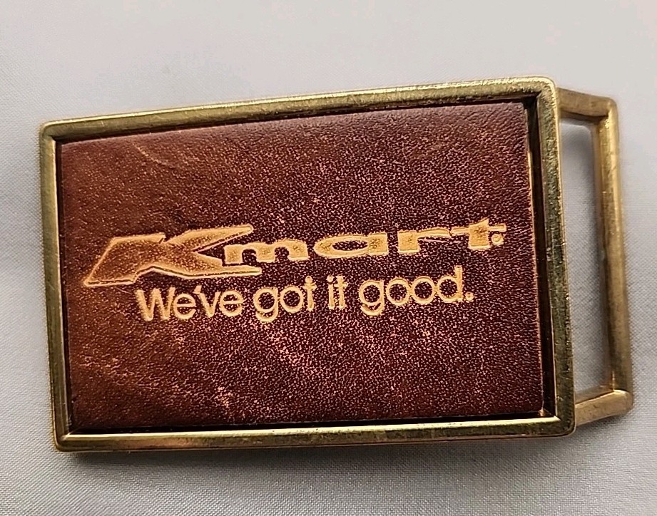 El Cid Kmart Buckle « We&rsquo;ve Got It Good  » Leather & Brass Vtg 2 1/2 X 1 1/2