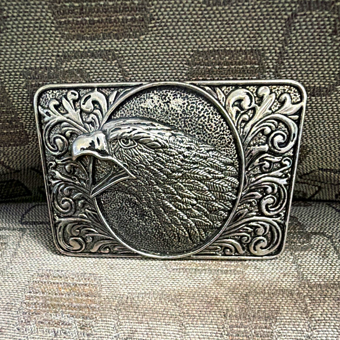 Men&rsquo;s Western Eagle Belt Buckle, Silver Tone Metal Engraved Rectangular 1.5in