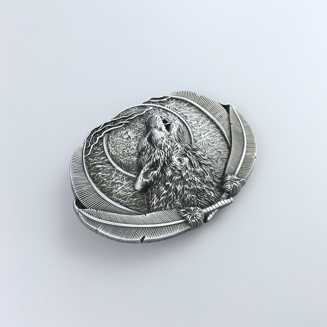 Antique Brushed Silver Western Wolf Moon Oval Belt Buckle Boucle de Ceinture