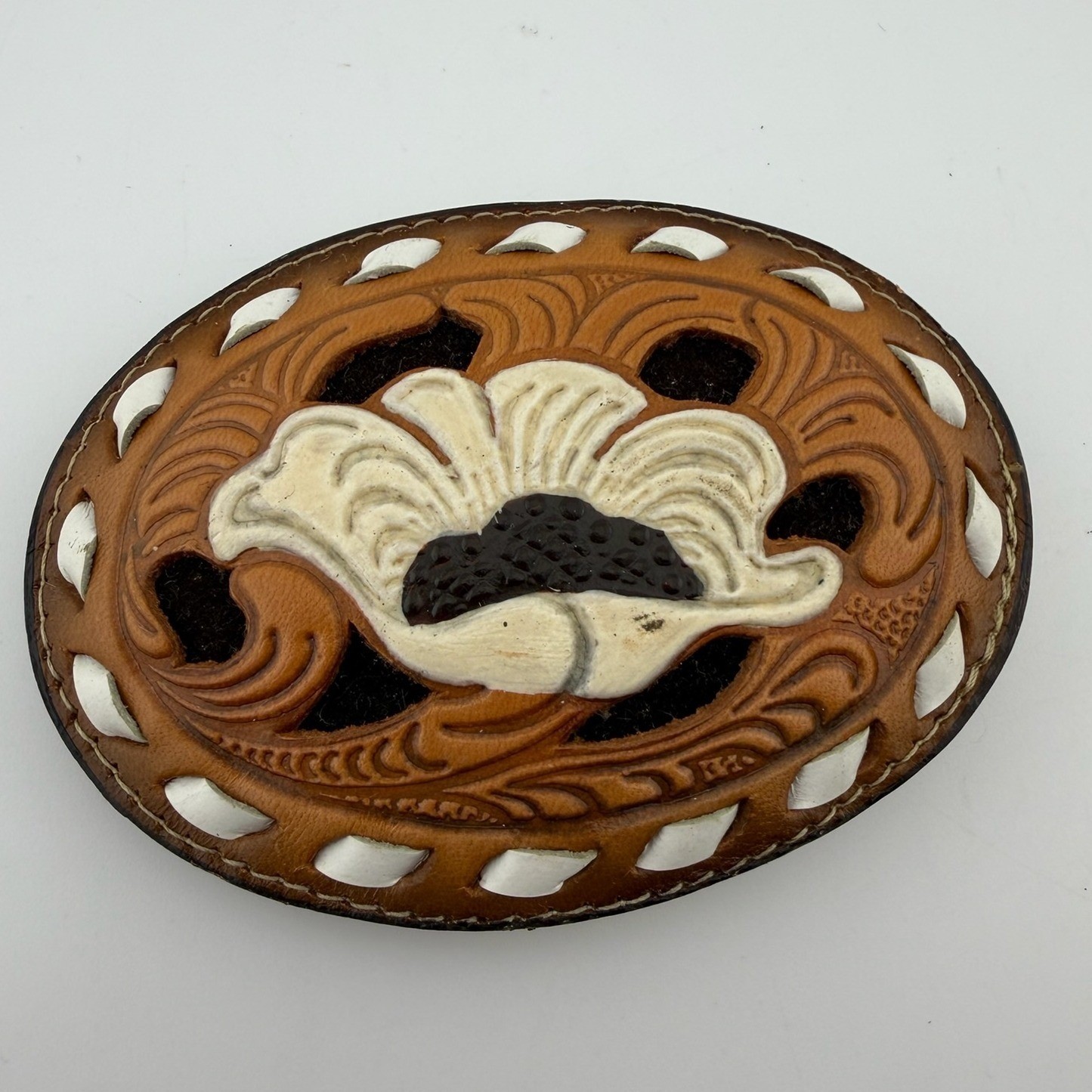 Tony Lama Vintage Tooled Leather Floral Belt Buckle Brown White Made in USA