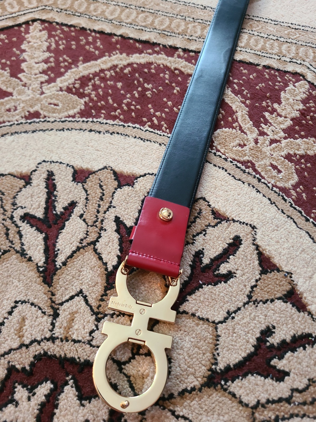 Authentic Ferragamo Red and Black Revversible Belt with Gold Buckle