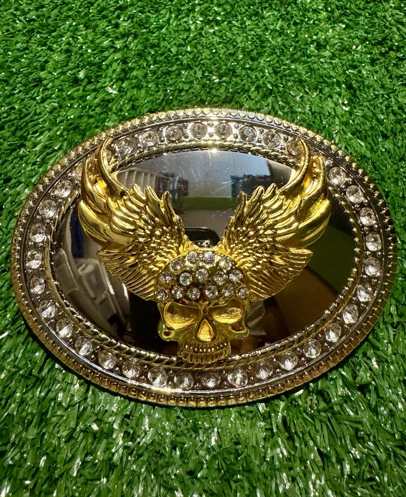 Skull Head With Angel Wings Rhinestone Belt Buckle