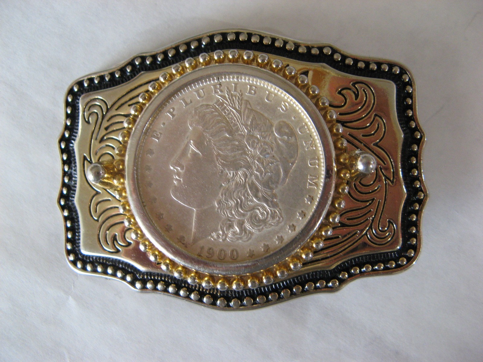REDUCED $$$, 1900 Morgan Silver Dollar Belt Buckle Black, Gold, Silver Color