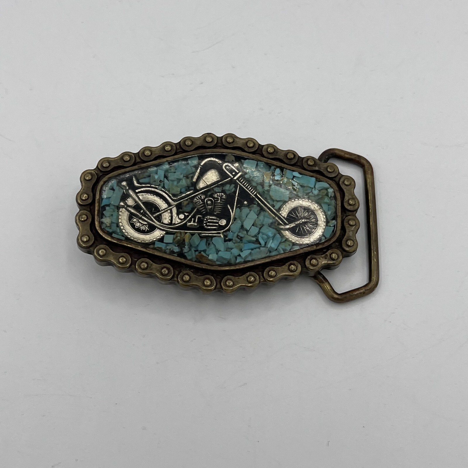 VTG 1973 BTS Turquoise Motorcycle Belt Buckle Chain Solid Brass Logo Buckle