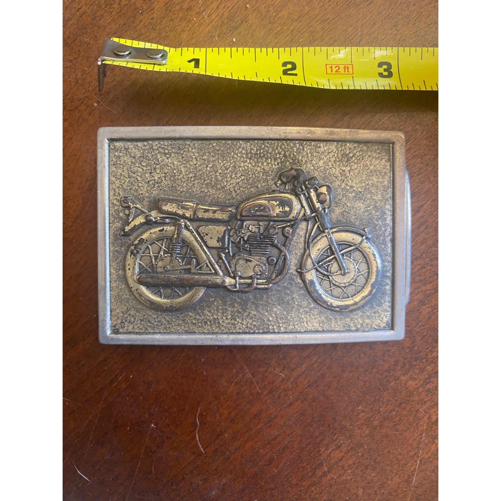 Vintage Motorcycle Belt Buckle Silver Brass Tone Biker Cruiser Retro Rectangle