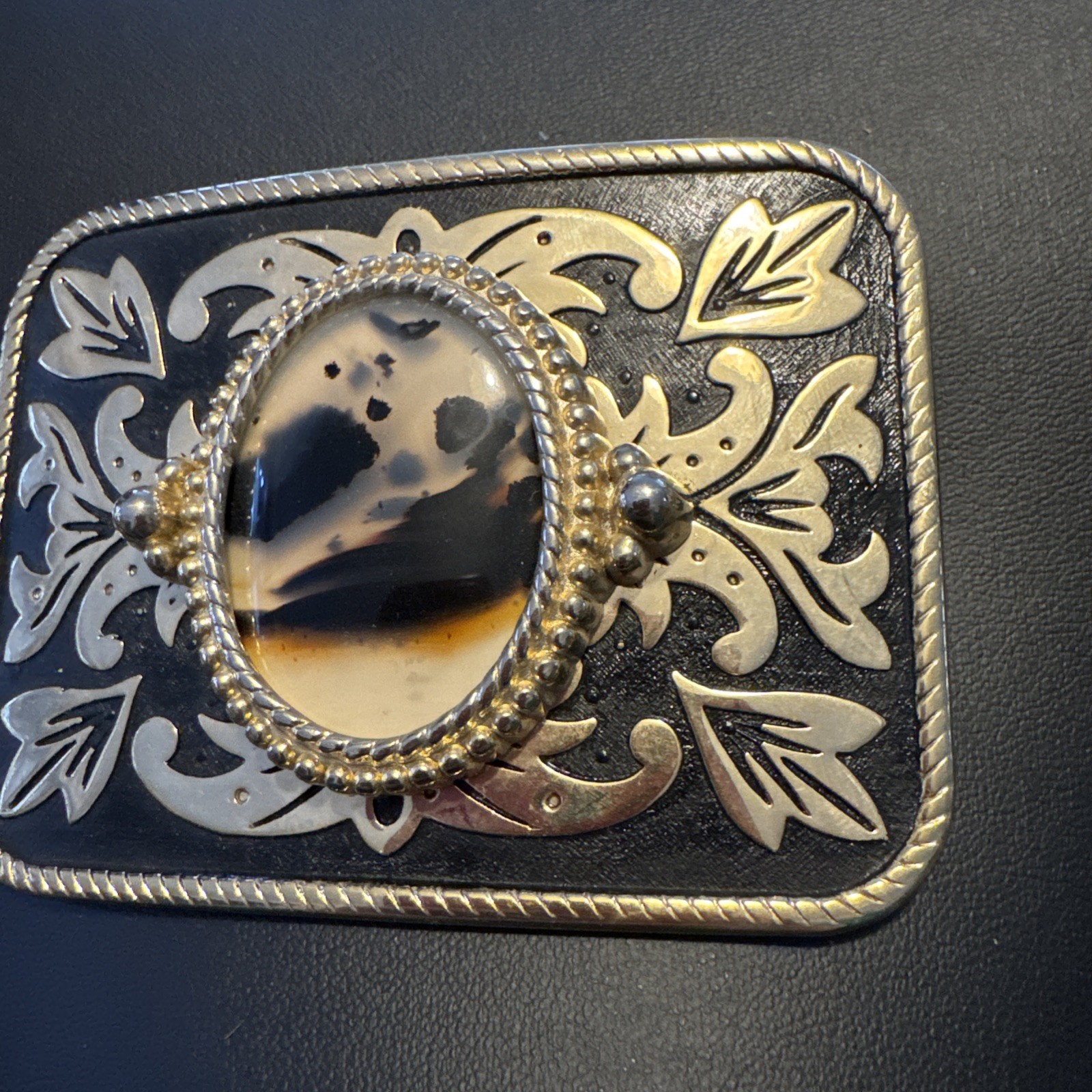 Vintage Belt Buckle Western Style Gold Ornate with Large Brown Oval Stone