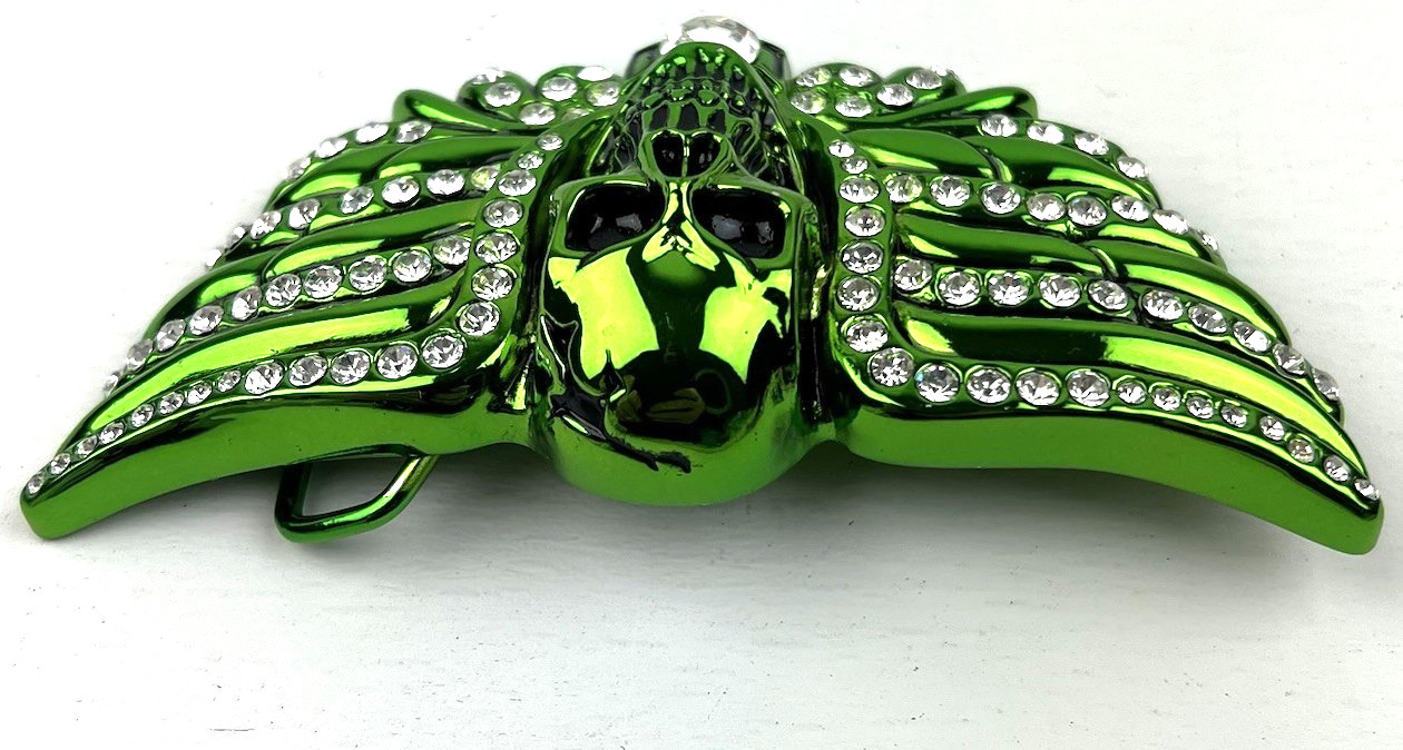 Washed Up Hollywood 1½” Pewter Plate Crystal Skull Head Belt Buckle Green Goth