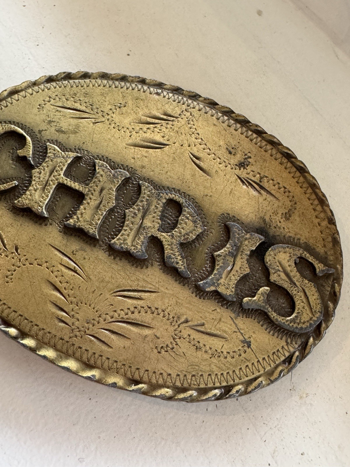 Spec-Cast Vintage CHRIS Oval Western Engraved Cowboy Belt Buckle Gold 1981