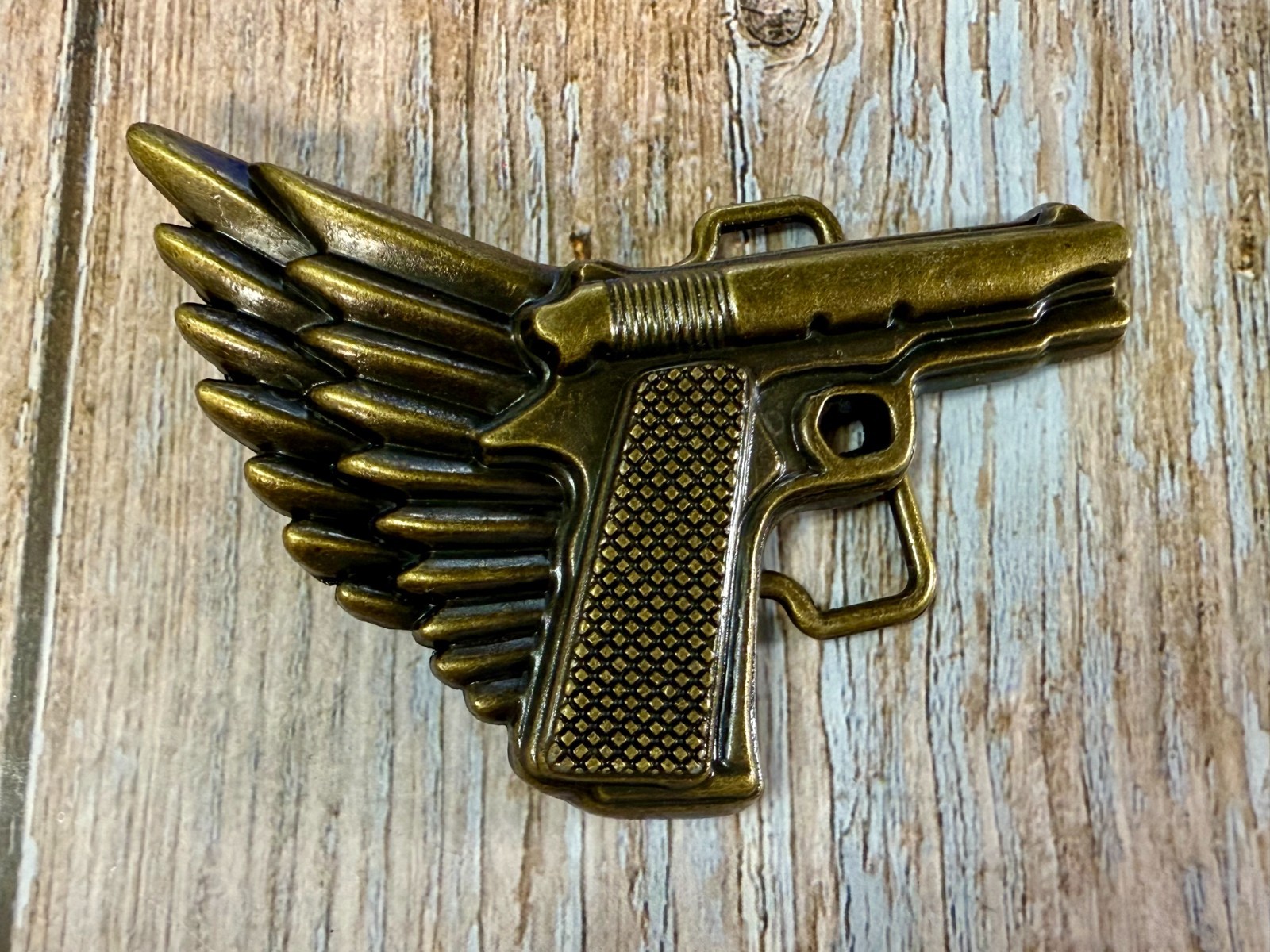 Winged Gun Flying Pistol Handgun Figural Cutout Brass Tone 4&Prime; Wide Belt Buckle