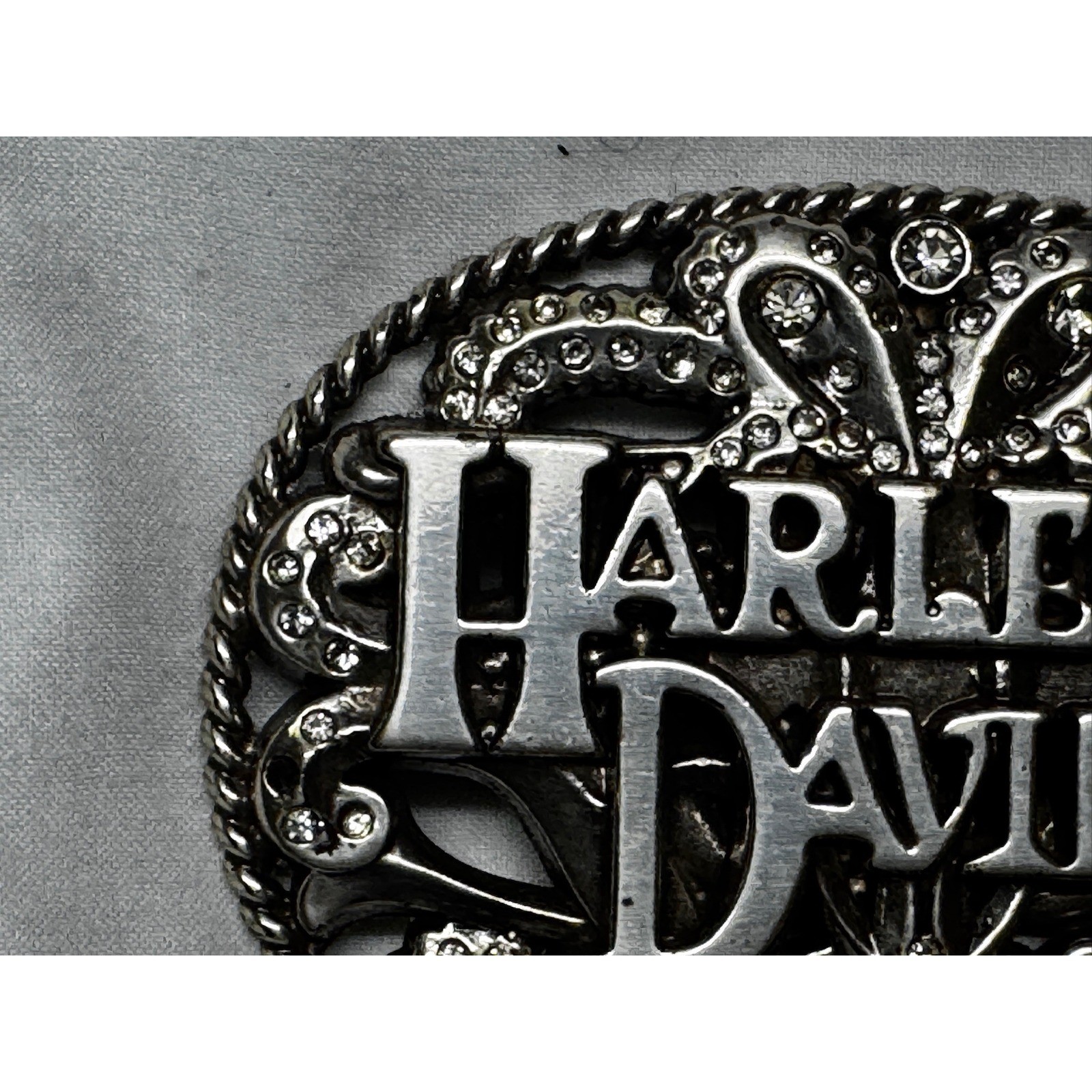 Harley Davidson Belt Buckle Silver Tone Filigree Rhinestone Biker Oval Scroll
