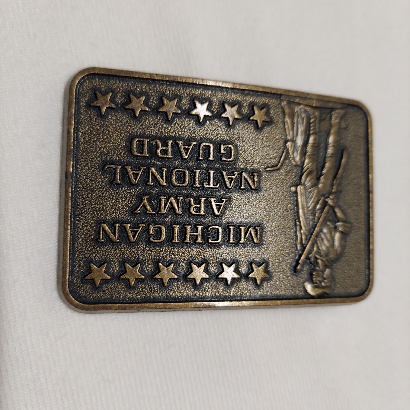 MICHIGAN ARMY NATIONAL GUARD Belt Buckle Framed With Stars Brass 2&Prime;X3&Prime;