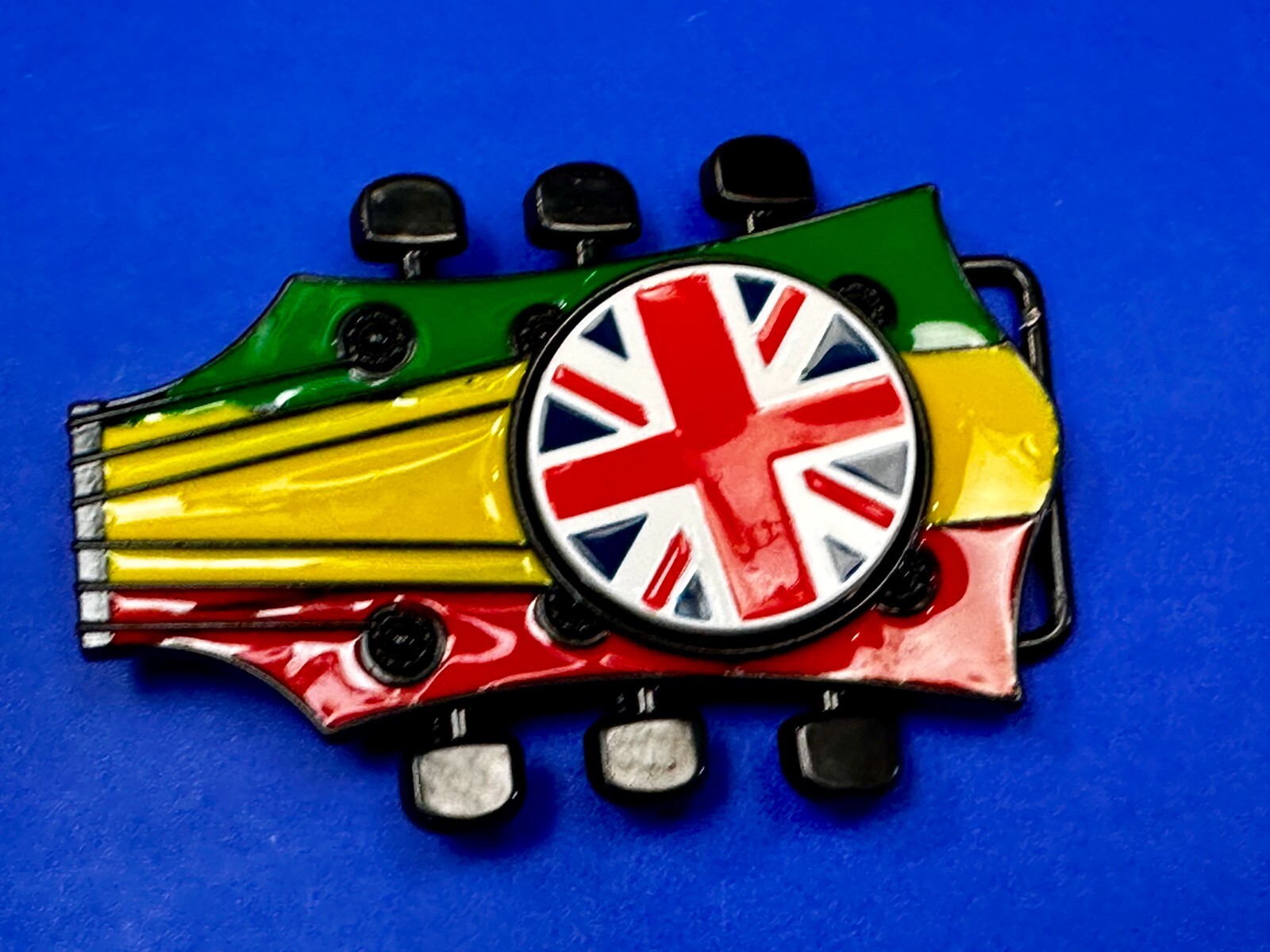 Electric Guitar Tuning Keys Shaped Belt Buckle W/ Uk Flag Union Jack Spinner