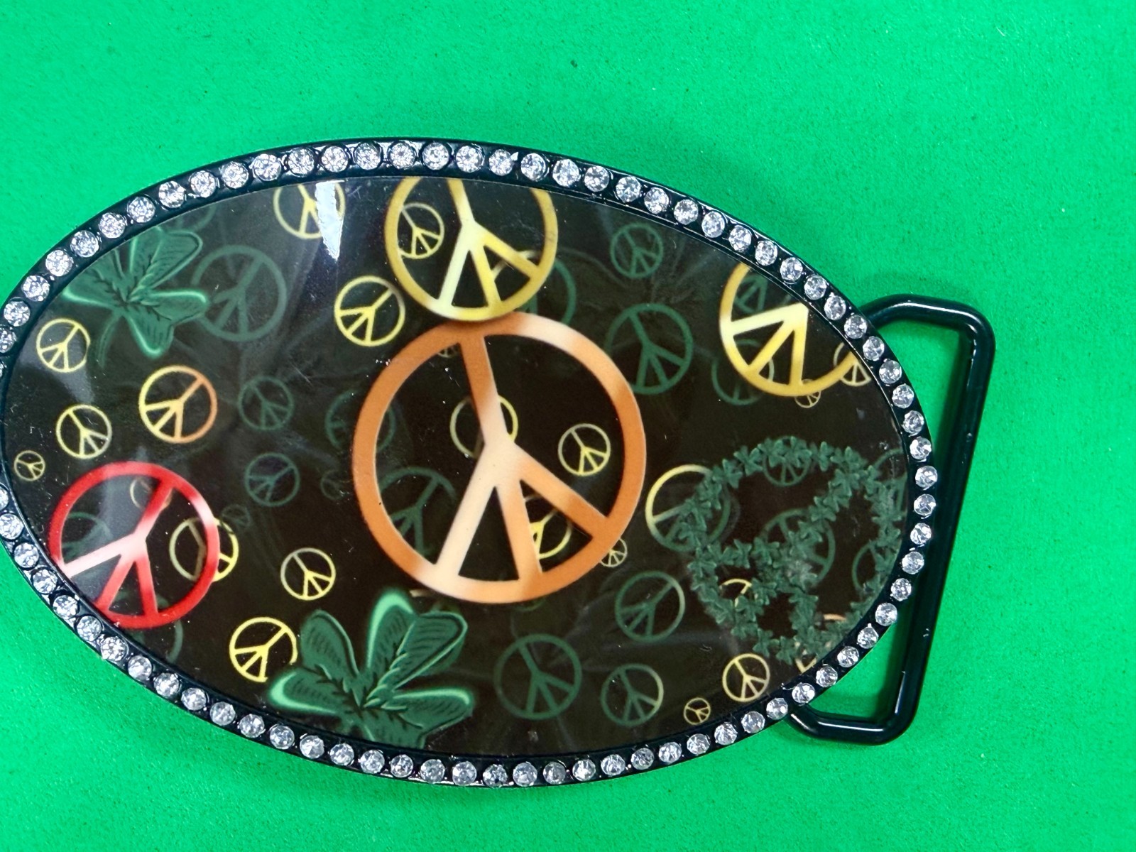 Peace Sign Symbol Four Leaf Clover with Clear Rhinestone Border Belt Buckle