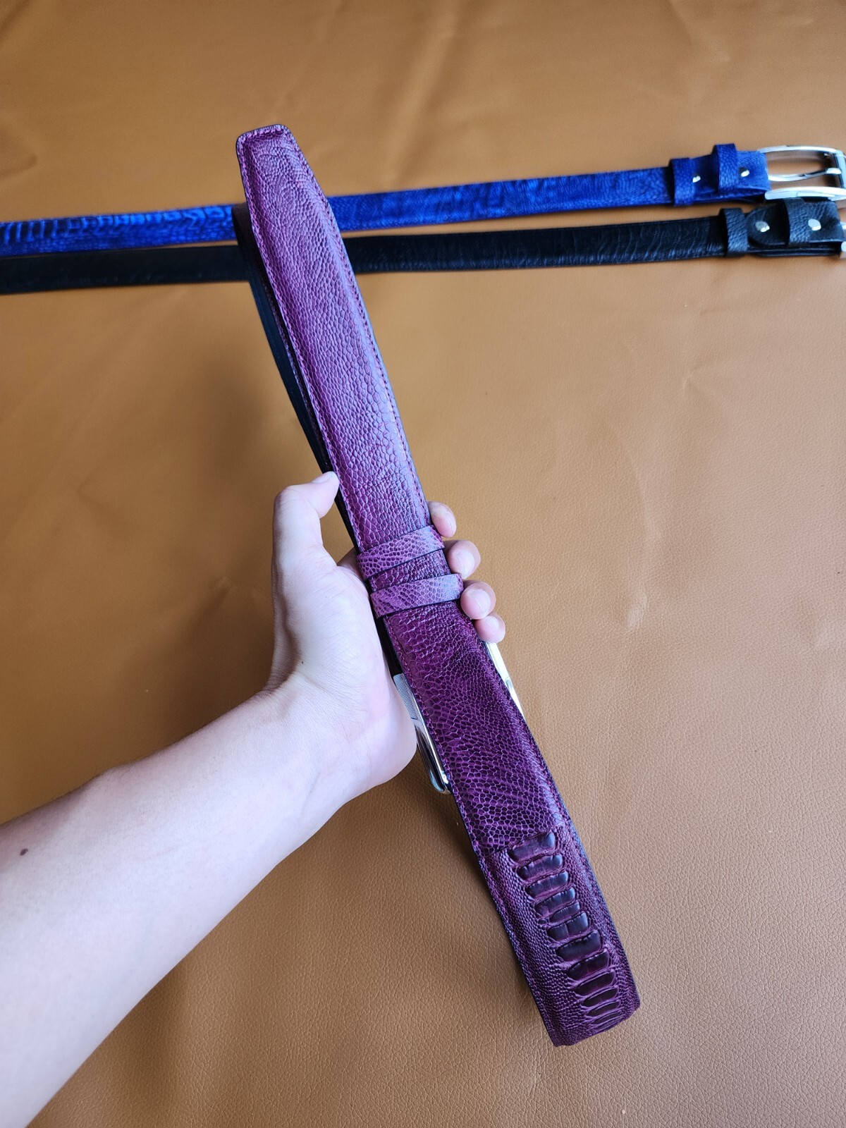 3.8CM Purple 100% Genuine Ostrich Legs Leather Skin Men Belt Buckle-Handmade