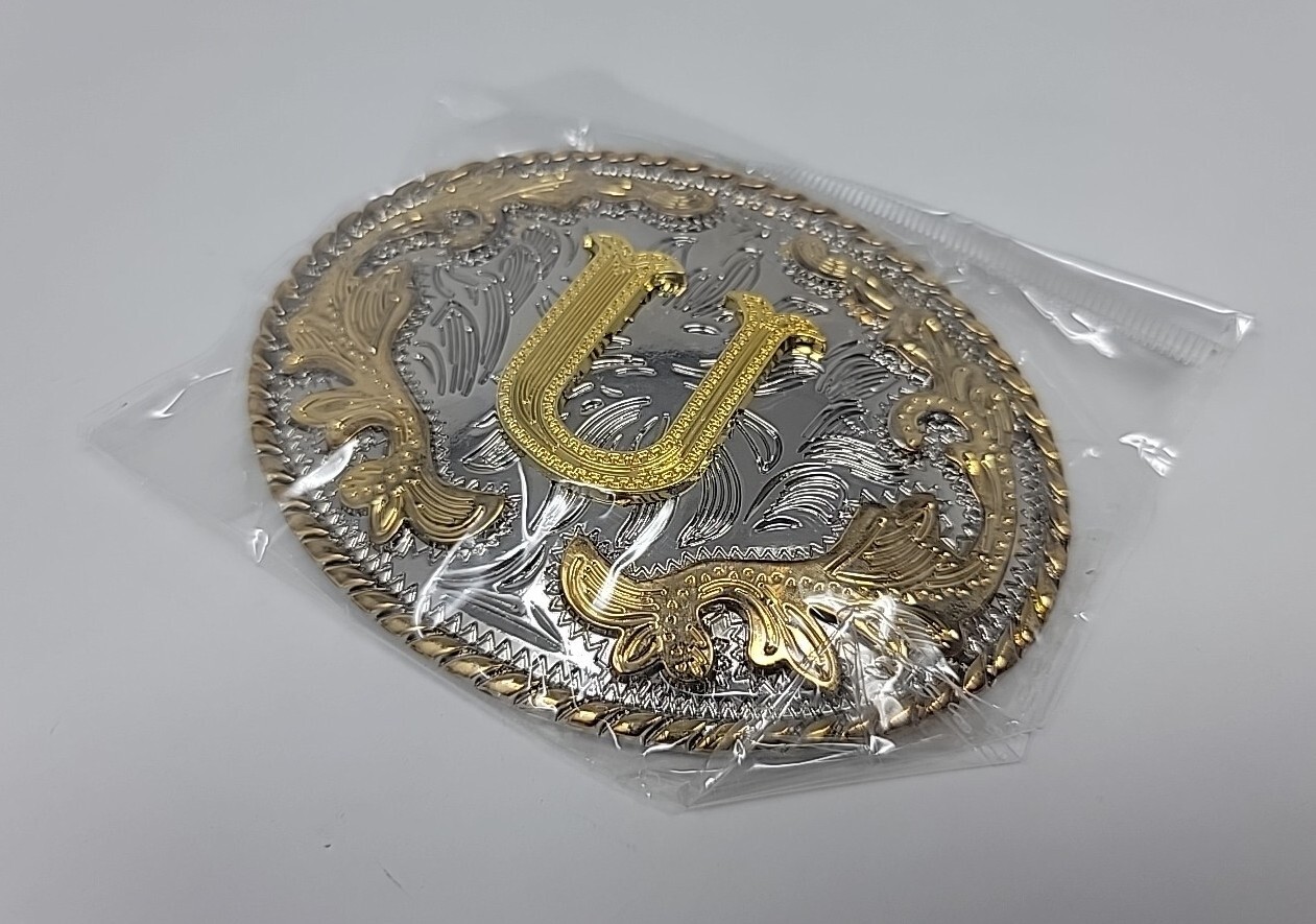 Metal Western Belt Buckle The Letter U – Gold/Chrome -Unisex Adult Alphabet 1 sz