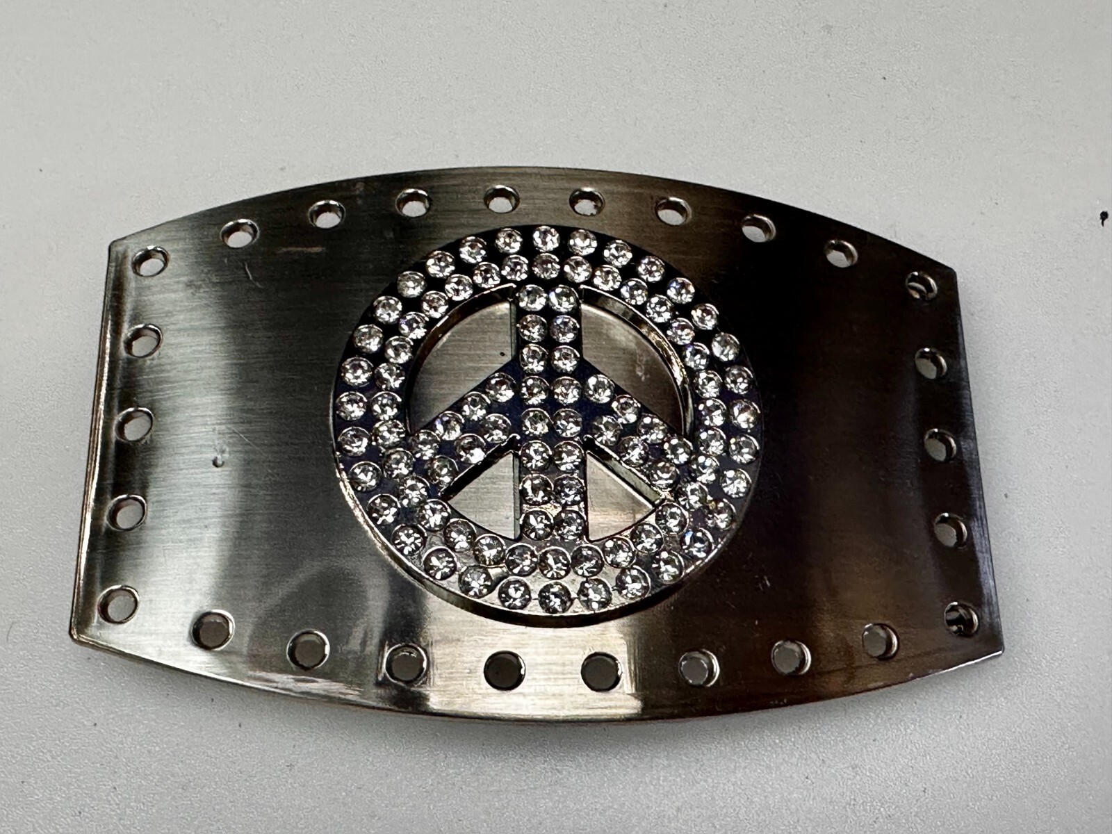 Jeweled Peace Sign Studded Rhinestone Silver Tone Belt Buckle W/ Hole Border