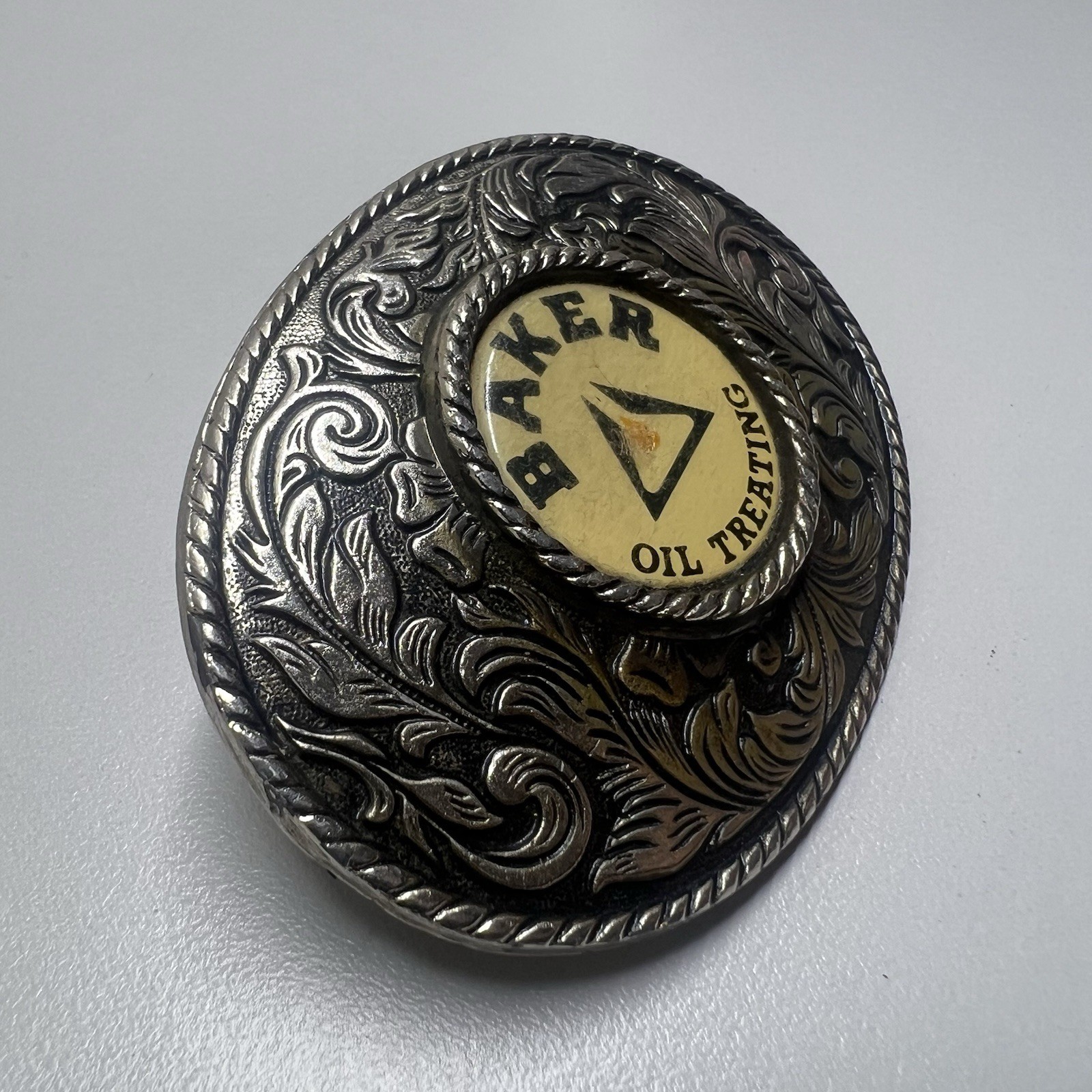 Baker Oil Treating Belt Buckle Vintage Western Floral Oval Silver Tone