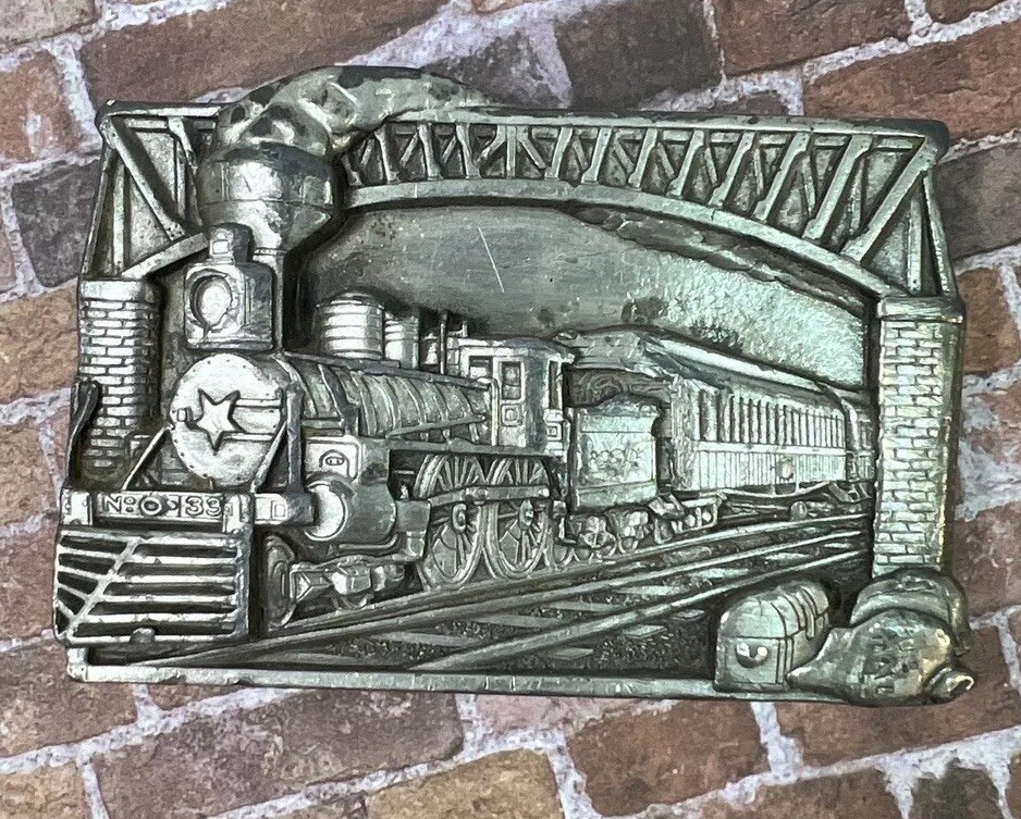 Vtg Bergamot Brass Works 1983 Belt Buckle Train Steam Engine Railroad Silver
