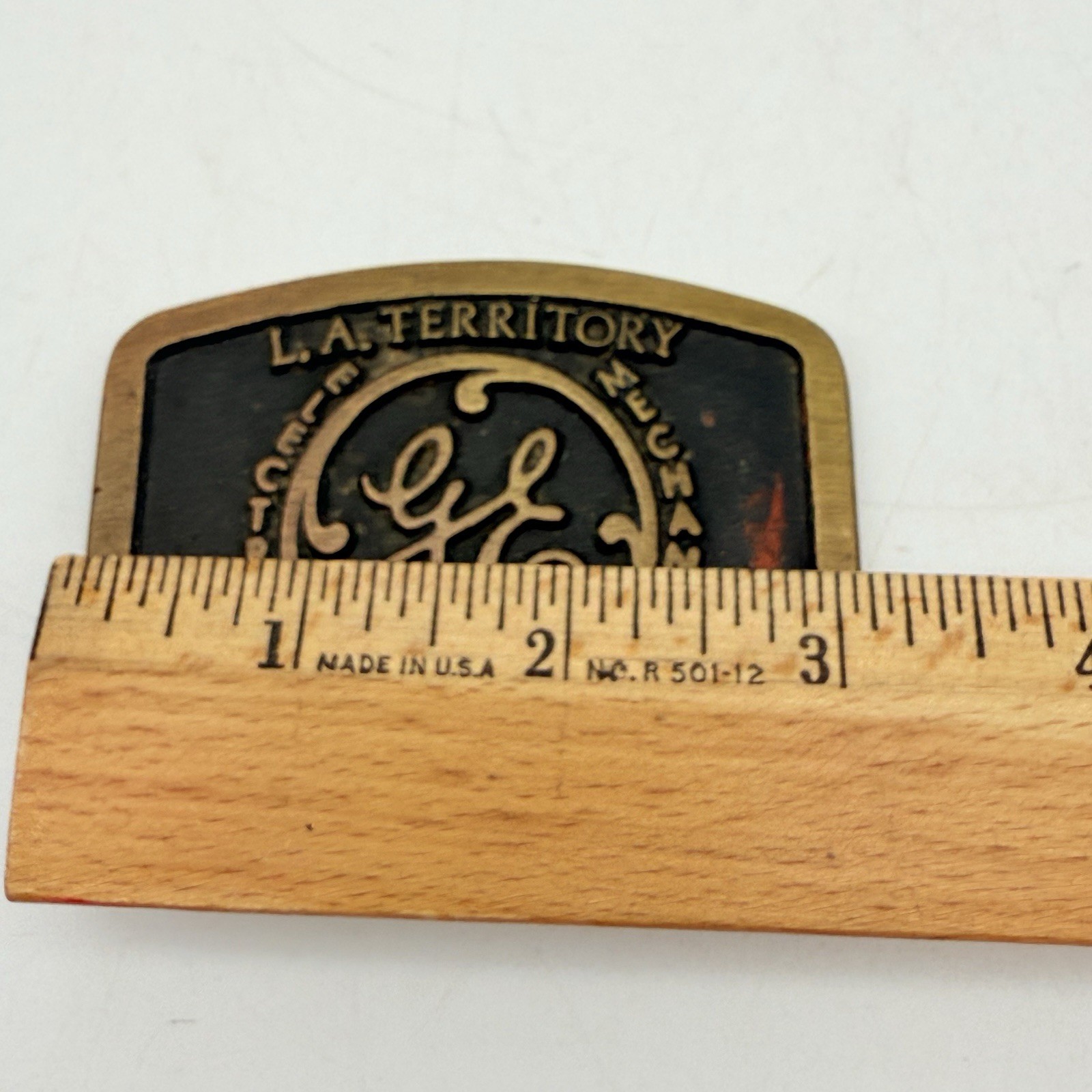 vintage 1970s western GE belt buckle SOLID BRASS cowboy “LA TERRITORY”