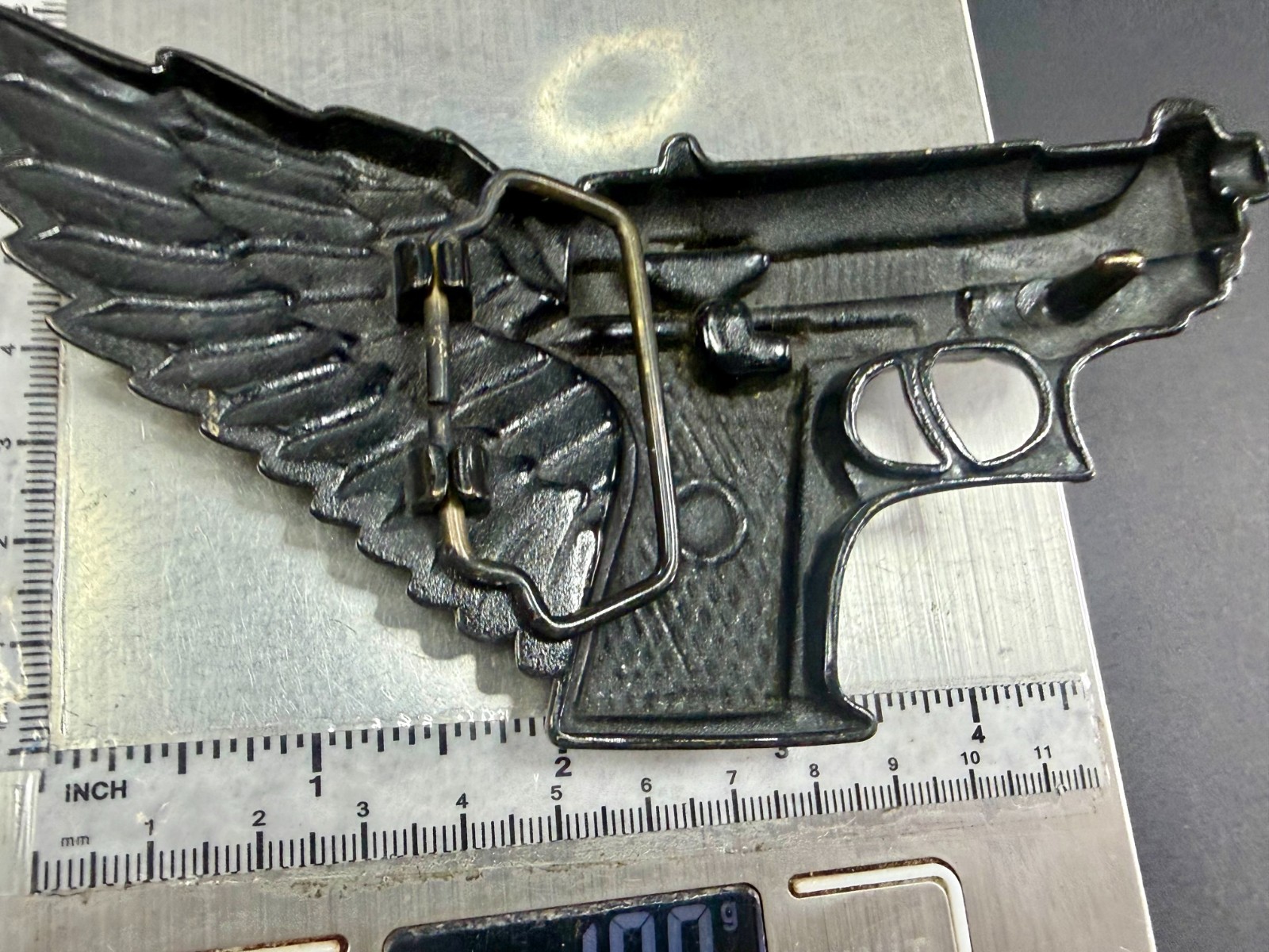 Winged Gun Flying Pistol Handgun Figural Cutout Brass Tone Large Belt Buckle
