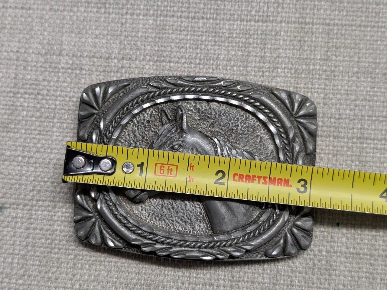 vintage USA made HORSE belt buckle EQUESTRIAN cowboy WESTERN pewter