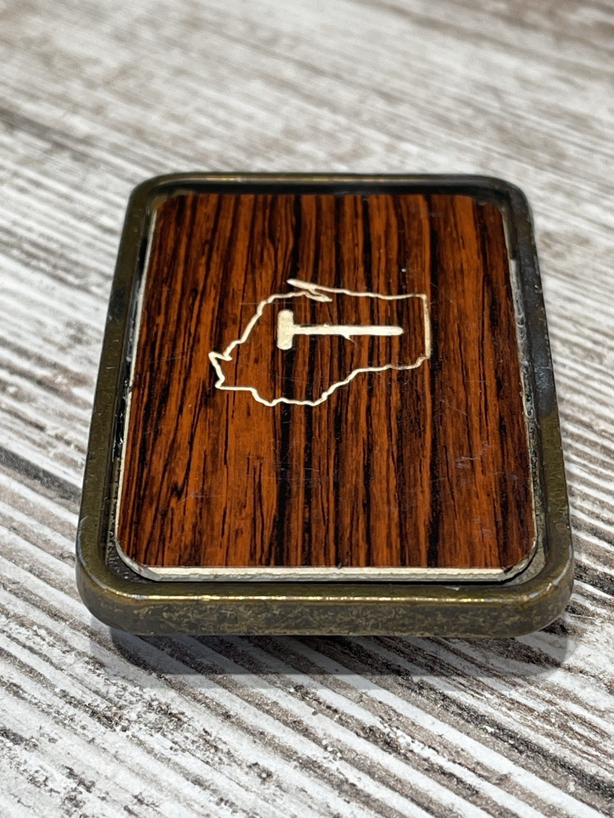 Vintage Wisconsin Belt Buckle ~ 1970’s Hand Made Wood Inlay WI State Outline “T”