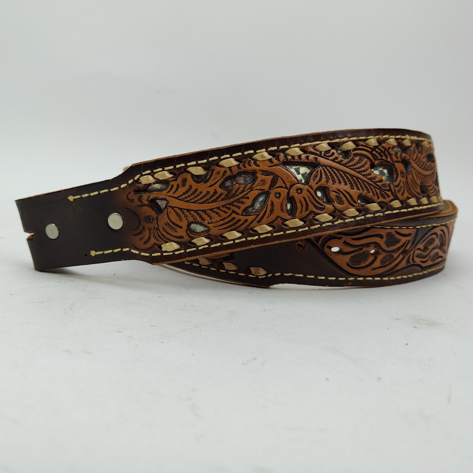 Vintage Tooled Western Leather Name Belt Gary GWB Mother of Pearl Inlay Size 38&Prime;