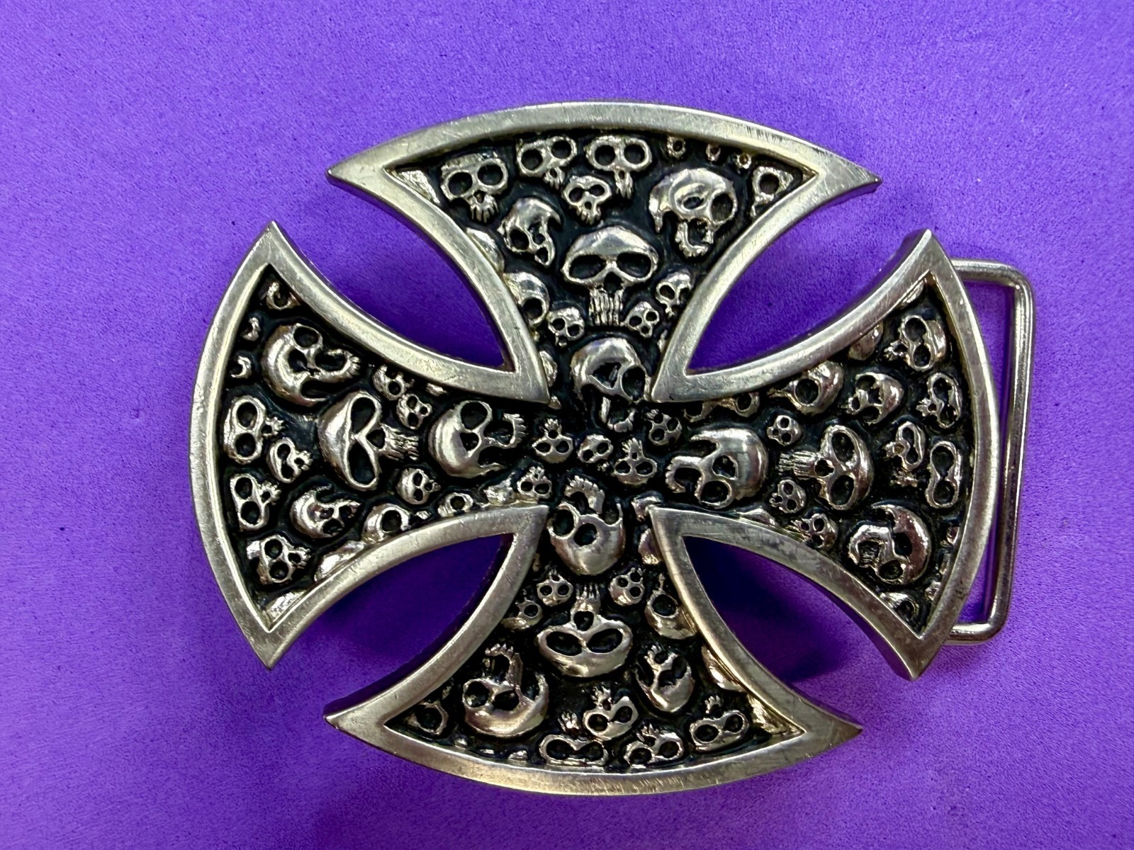 Maltese Iron Cross Studded Skull Design Gothic Punk Vibe Cutout Belt Buckle