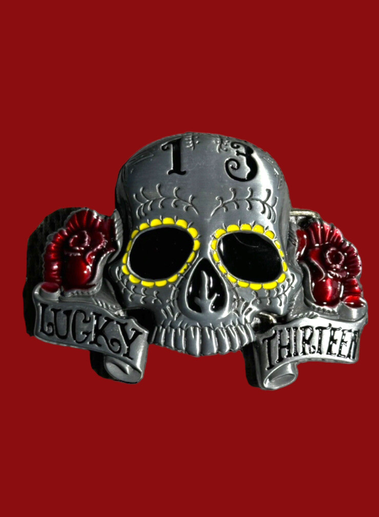 Lucky 13 Lg Skeleton Reproduction Skull Head Lg Eyes Belt Buckle 3 3/8&Prime; X 4 1/2&Prime;