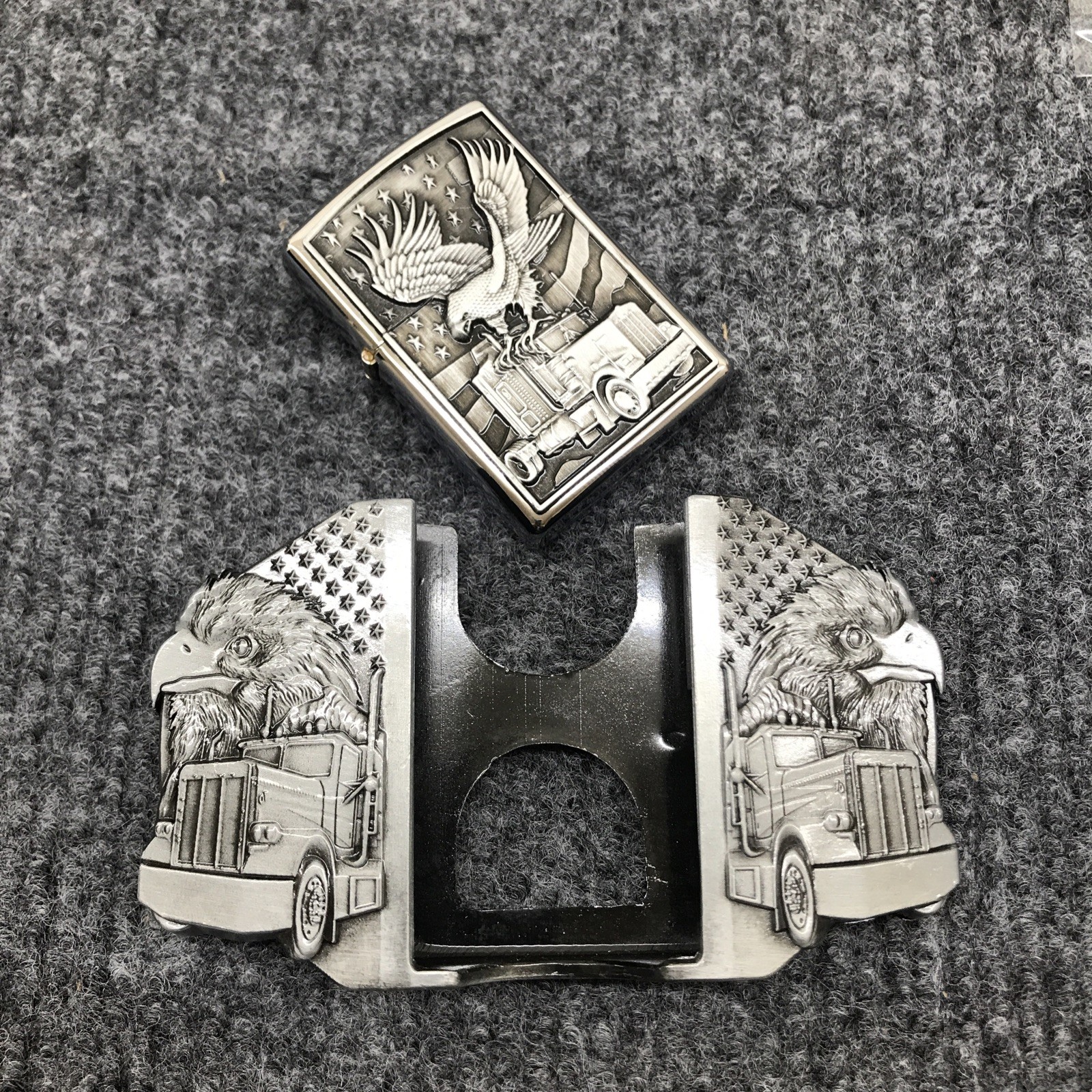 Antique Brushed Eagle Truck Belt Buckle Lighter Holder, Stock in US