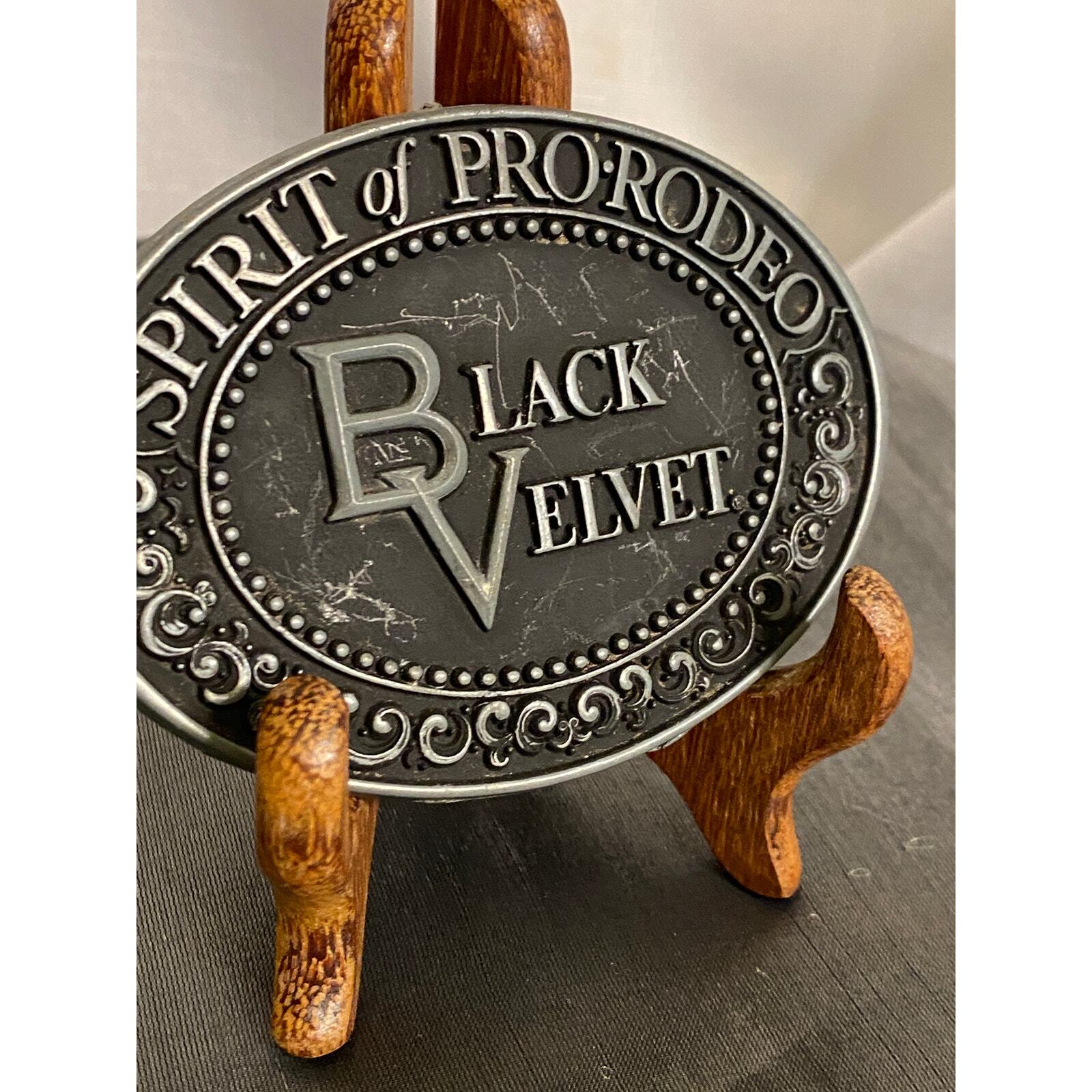 VTG Black Velvet Whisky Oval Belt Buckle Spirit of Pro-Rodeo 4 in X 2.75 in GUC