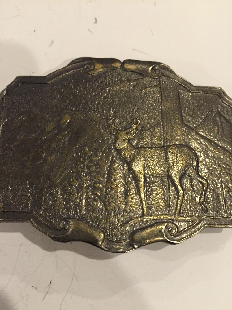 Vintage JAMES LIND Deer in the WOODS Wyoming Studio Art Works BELT BUCKLE brass