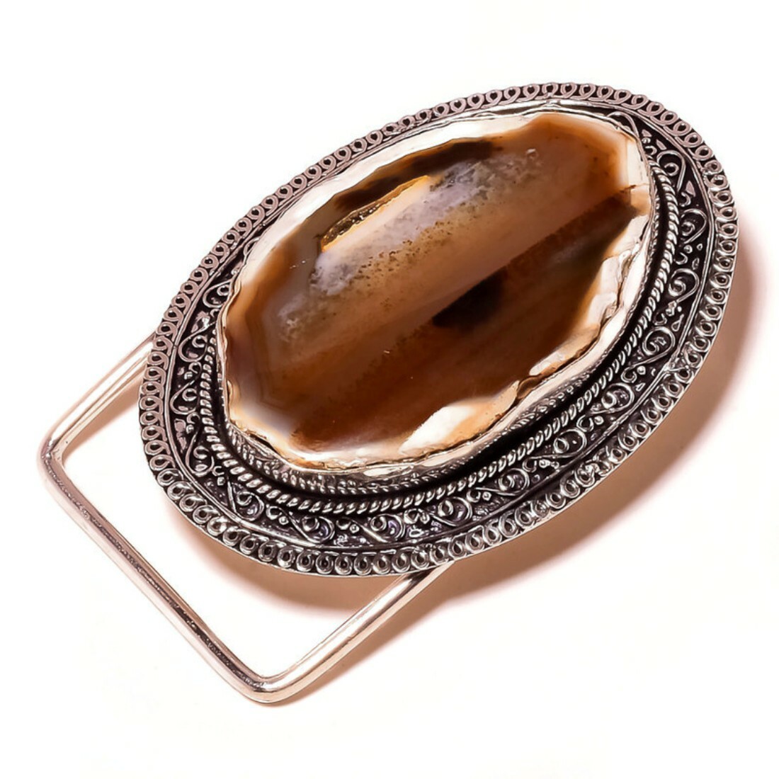 Brown Agate Extra Large Gemstone Handmade Oxidized Engraved Vintage Belt Buckle