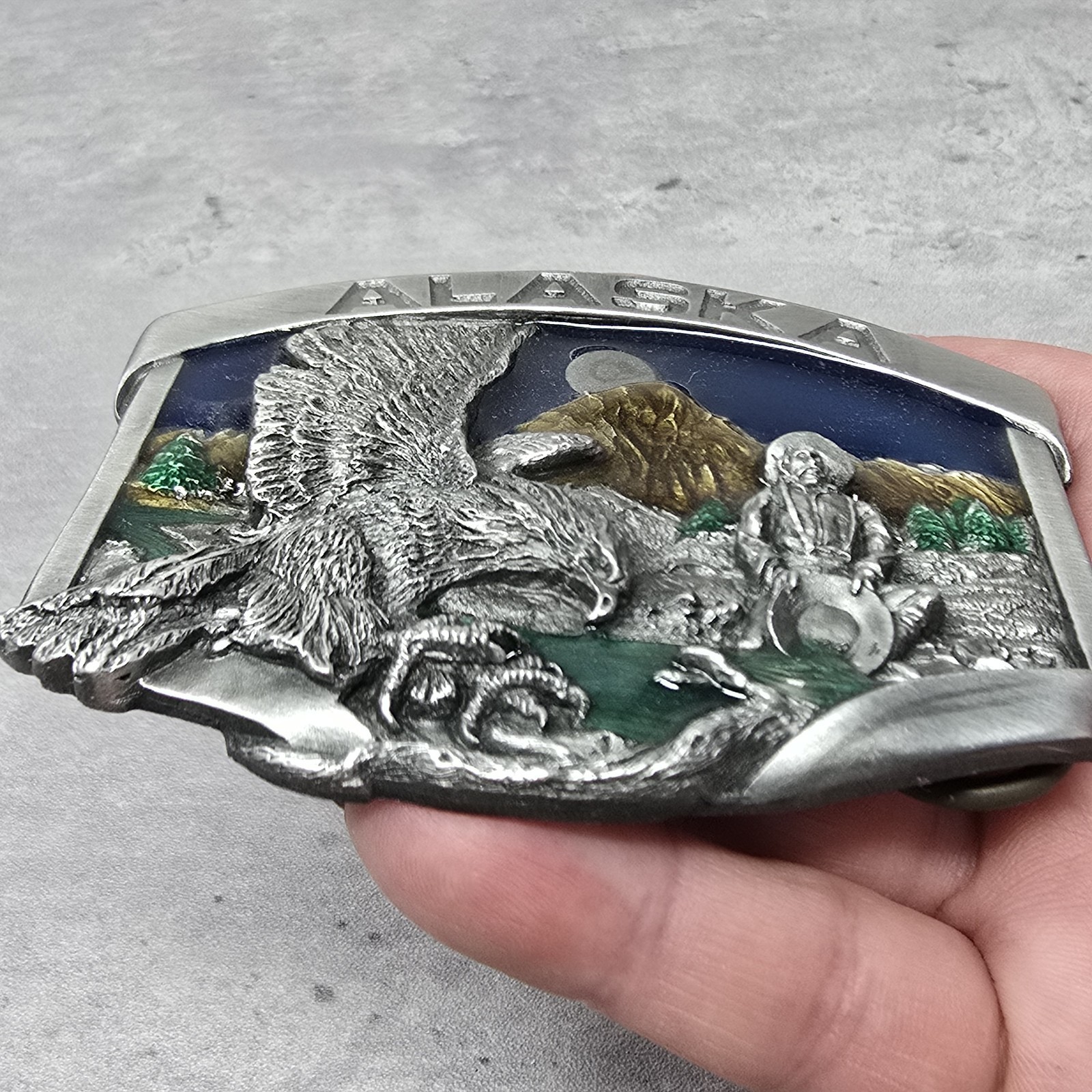 Vintage 1984 Alaska Eagle Gold Miner 3D Color Siskiyou Pewter Belt Buckle Enamel