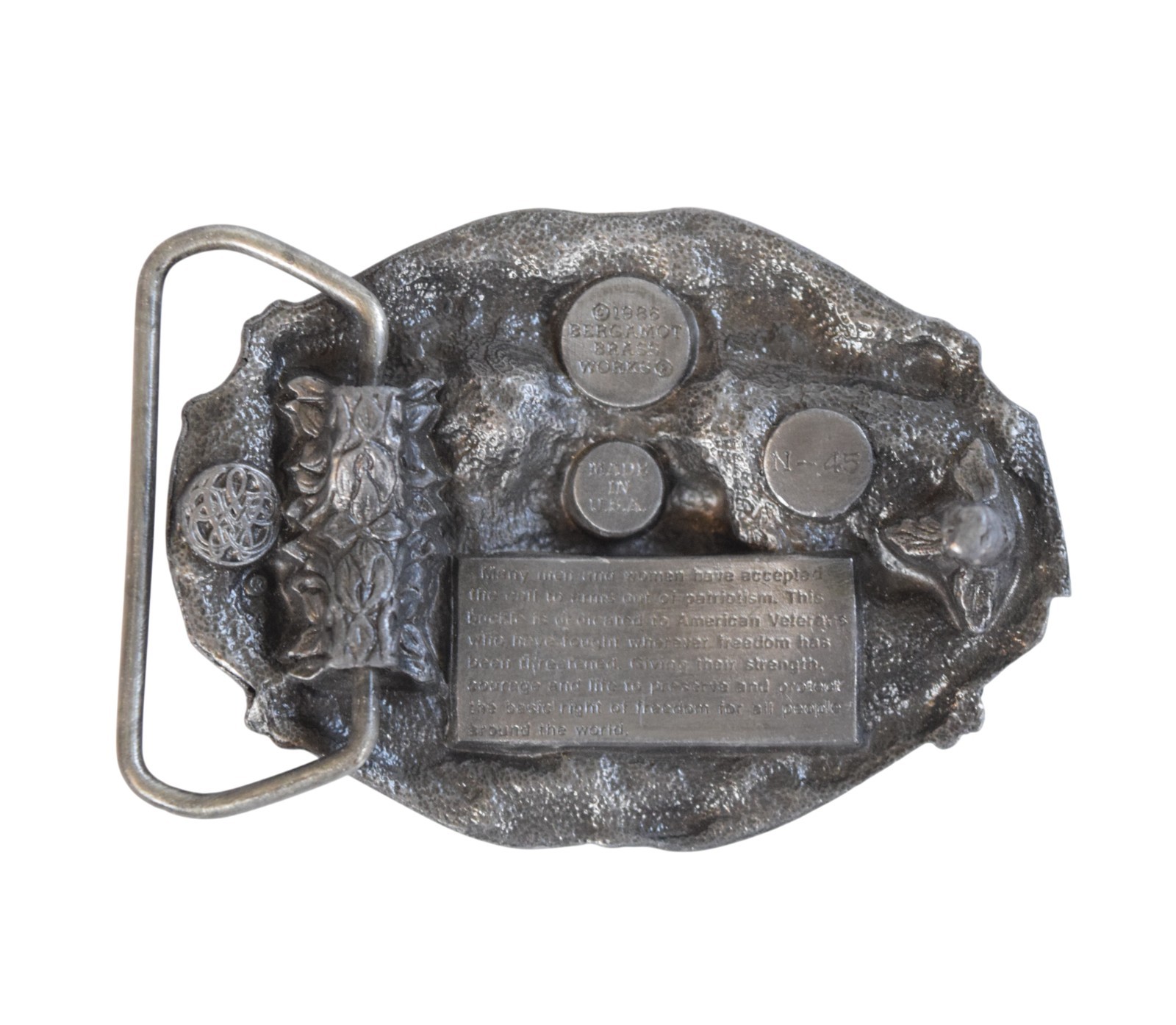 VTG 1986 Bergamot « I&rsquo;m Proud to be an American Veteran » Pewter Belt Buckle – USA