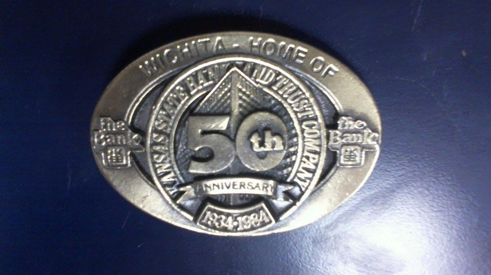 VTG Kansas State Bank & Trust Company ProAd Belt Buckle 50th Anniversary 1984