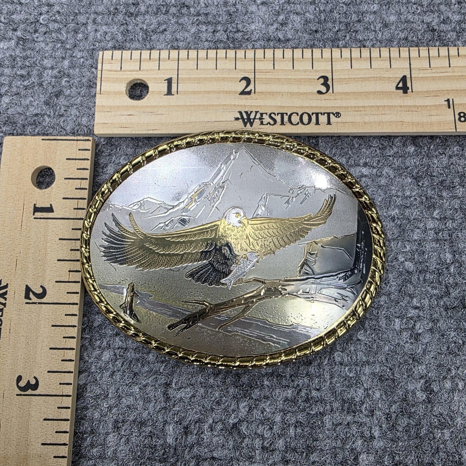 Bald Eagle Mountain Scene Belt Buckle Made in USA Western Gold Trim Wildlife VTG